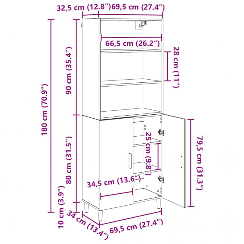 Highboard Dąb rzemieślniczy 69,5 x 32,5 x 180 cm
