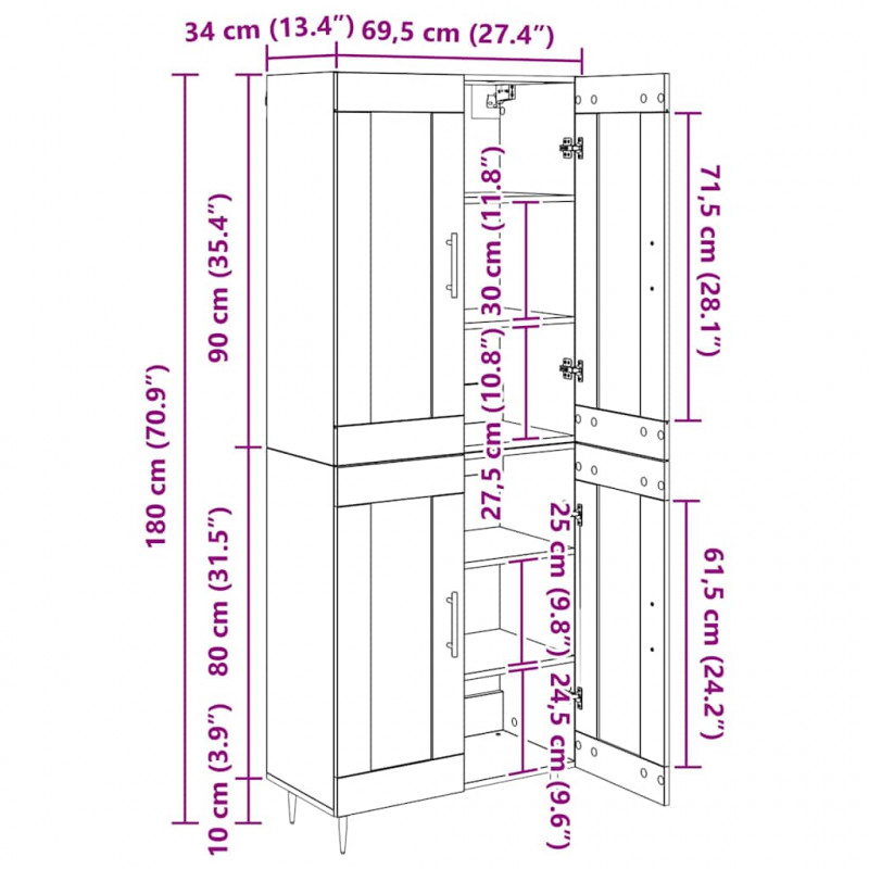 Highboard Dąb rzemieślniczy 69,5 x 34 x 180 cm