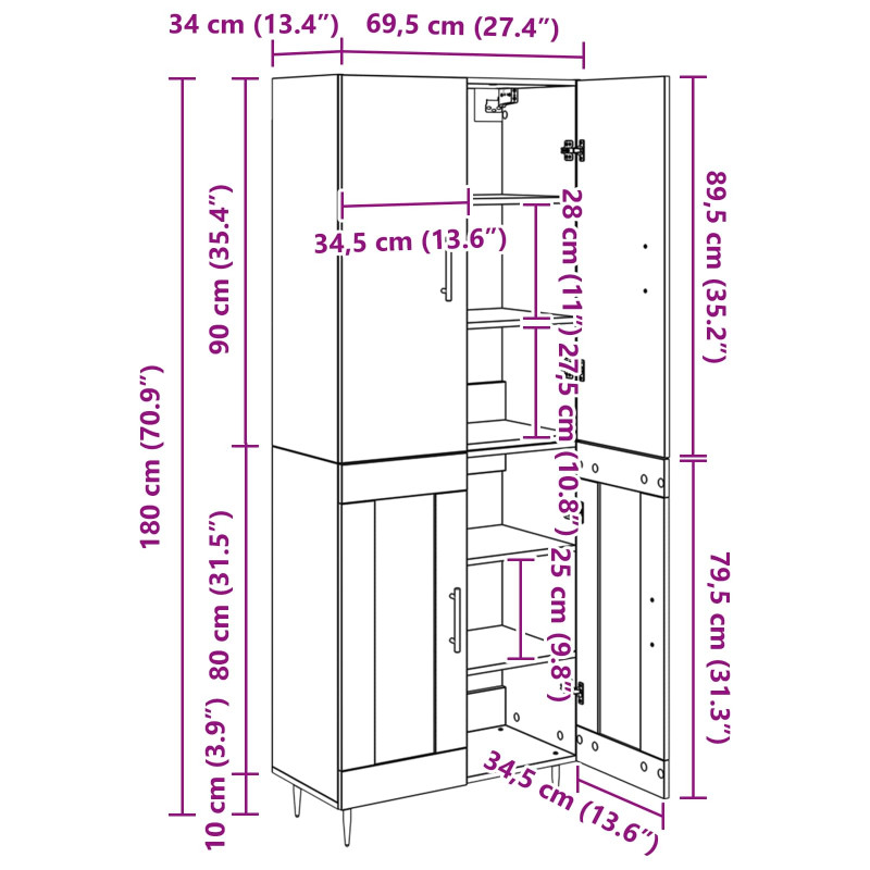 Highboard Czarny Dąb 69,5 x 34 x 180 cm Materiał drewnopochodny