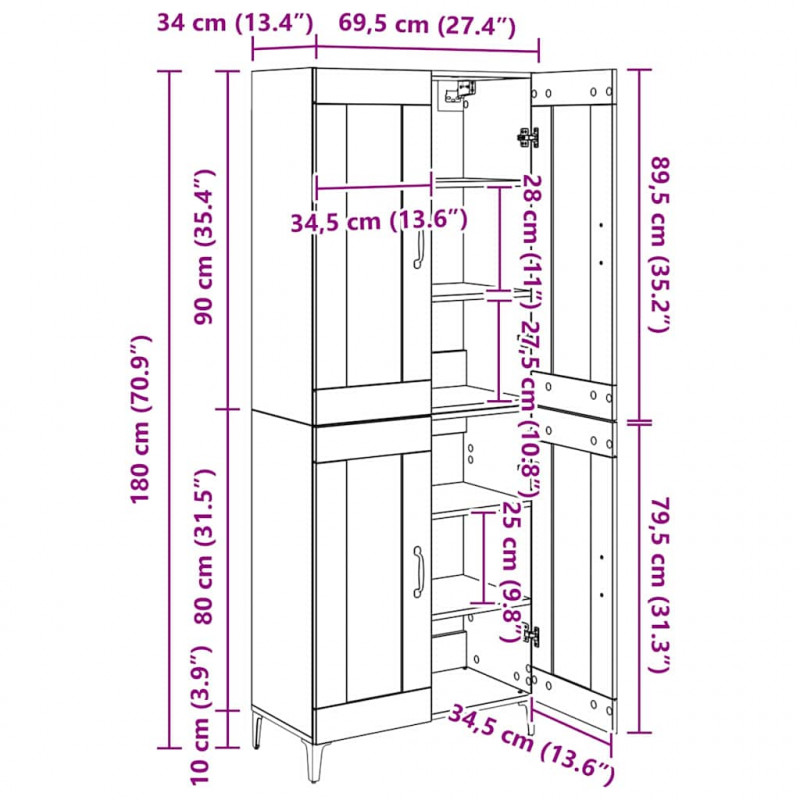 Highboard Dąb rzemieślniczy 69,5 x 34 x 180 cm