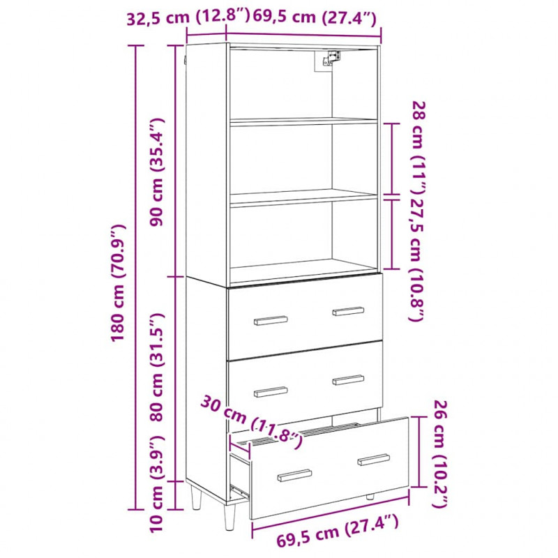 Highboard z szufladą Czarny Dąb 69,5 x 32,5 x 180 cm