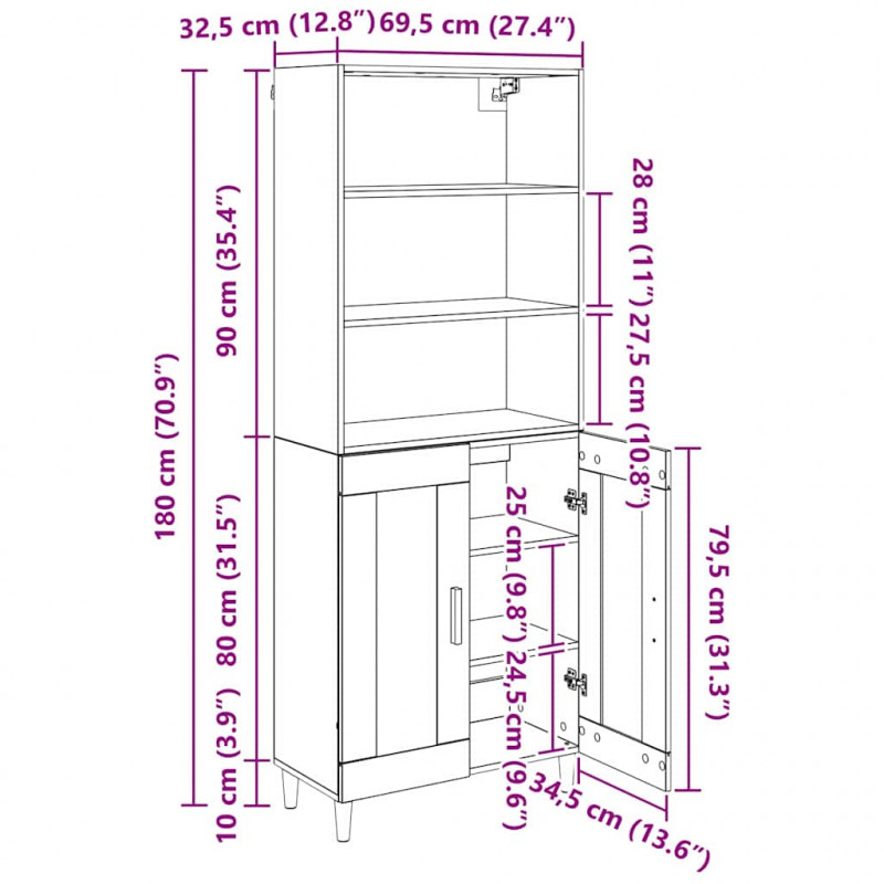 Highboard Czarny Dąb 69,5 x 32,5 x 180 cm