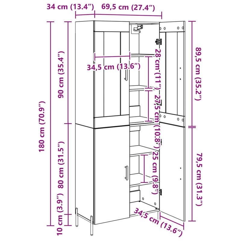 Highboard Czarny Dąb 69,5 x 34 x 180 cm Materiał drewnopochodny