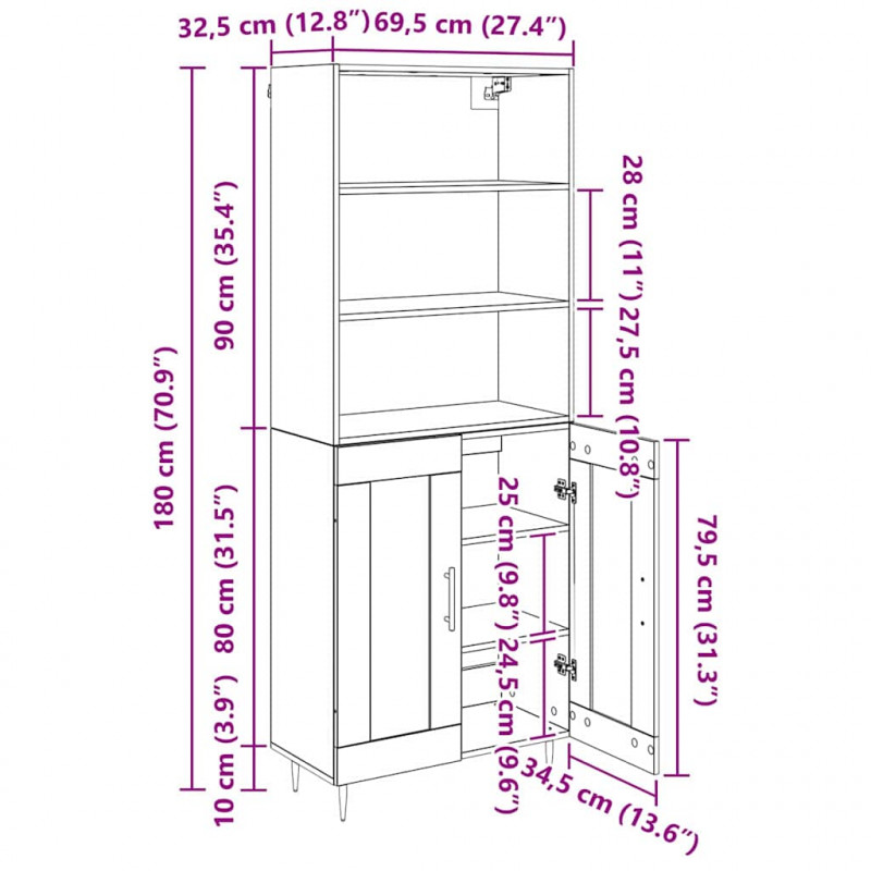 Highboard Czarny Dąb 69,5 x 34 x 180 cm Materiał drewnopochodny