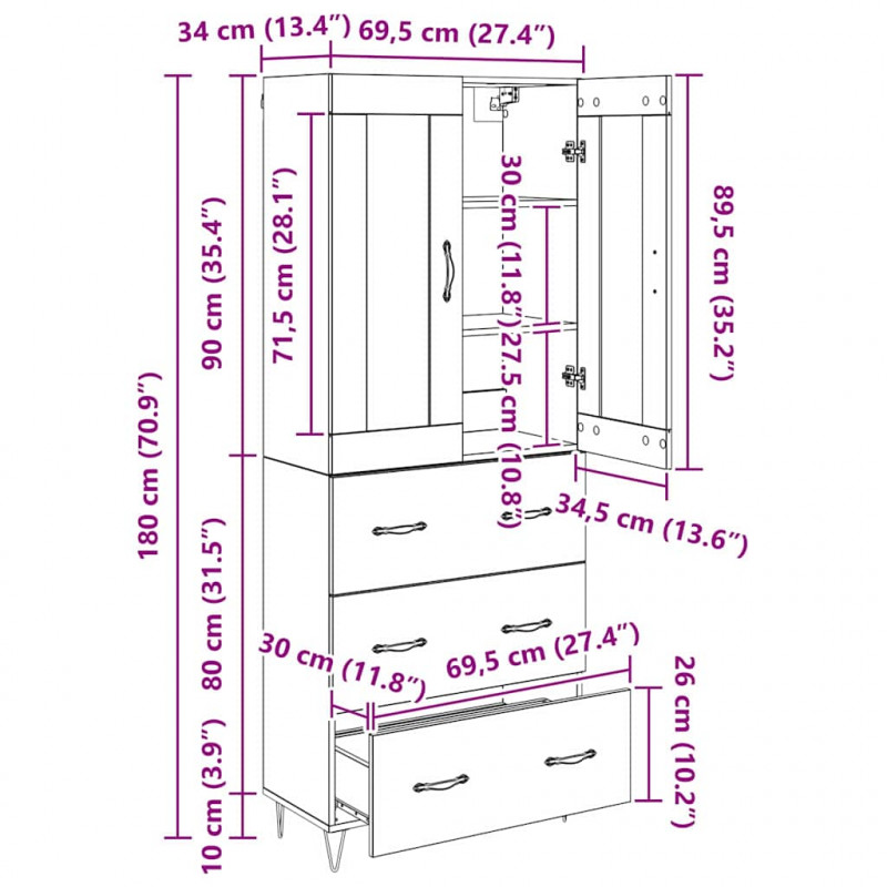 Highboard z szufladą Dąb rzemieślniczy 69,5 x 34 x 180 cm