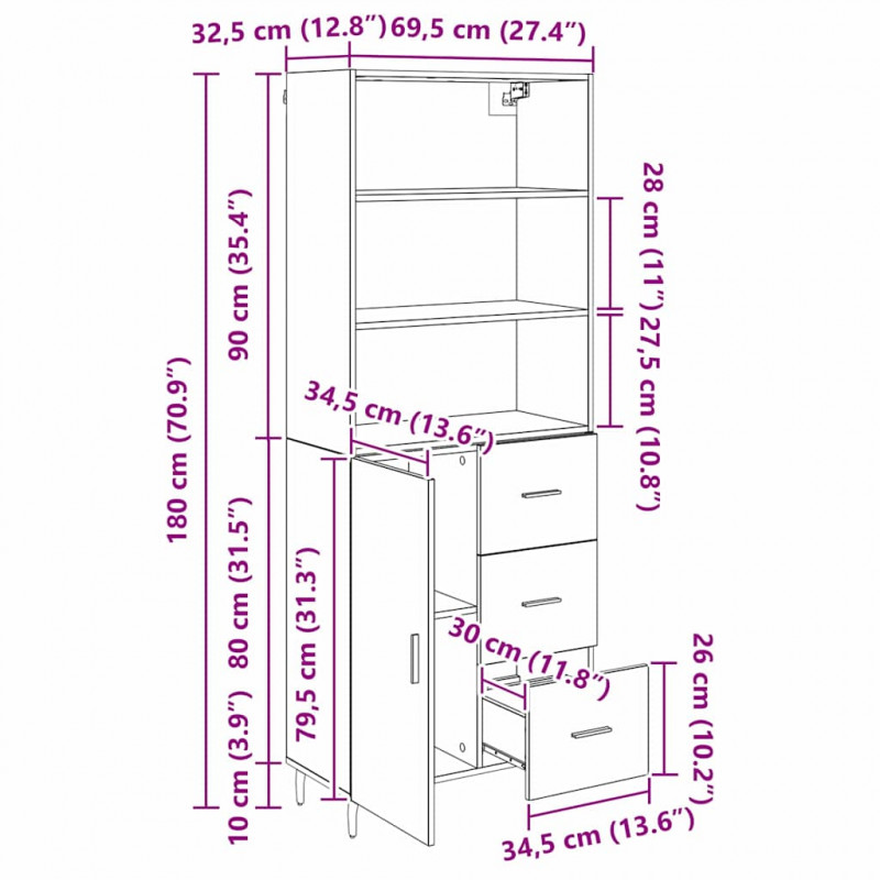 Highboard z szufladą Czarny Dąb 69,5 x 34 x 180 cm