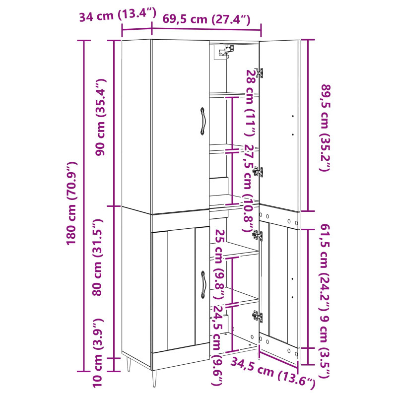 Highboard Czarny Dąb 69,5 x 34 x 180 cm Materiał drewnopochodny