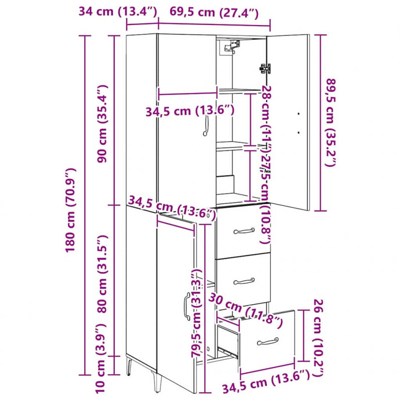 Highboard z szufladą Dąb rzemieślniczy 69,5 x 34 x 180 cm