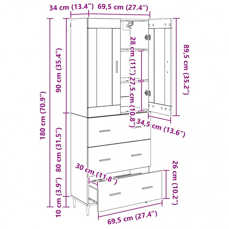 Highboard 2 pcs Dąb rzemieślniczy Materiał drewnopochodny