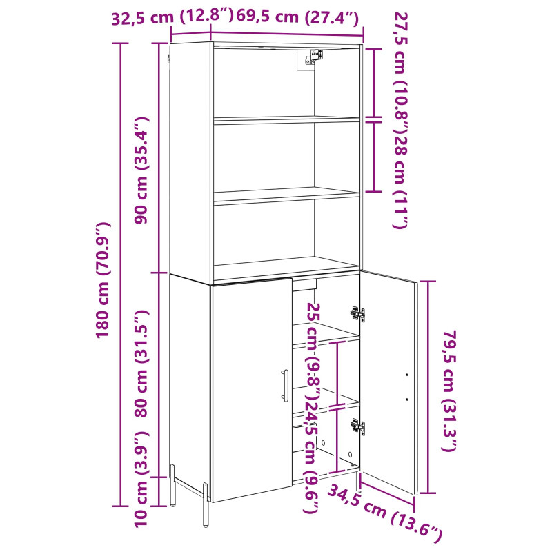 Highboard Dąb rzemieślniczy 69,5 x 32,5 x 180 cm