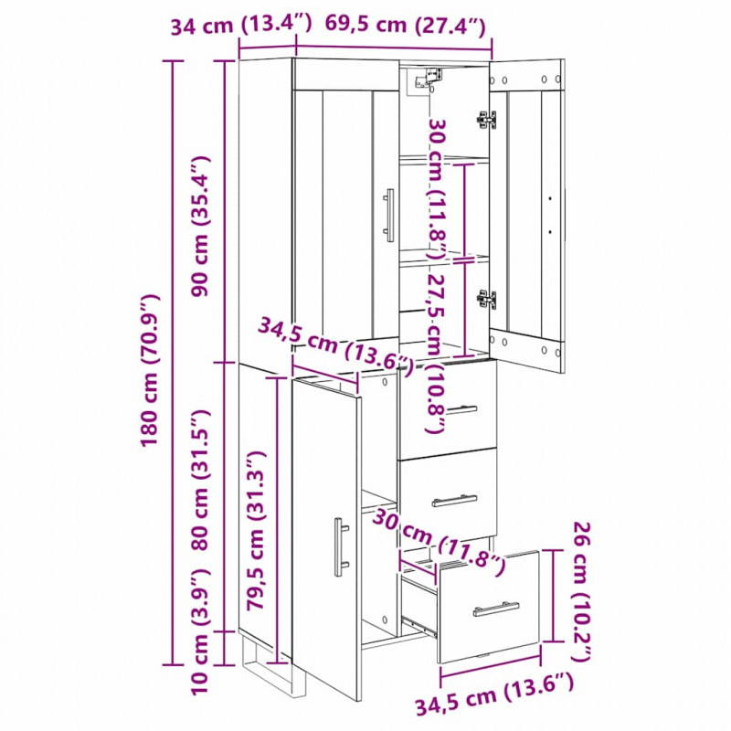 Highboard Czarny Dąb 69,5 x 34 x 180 cm Materiał drewnopochodny