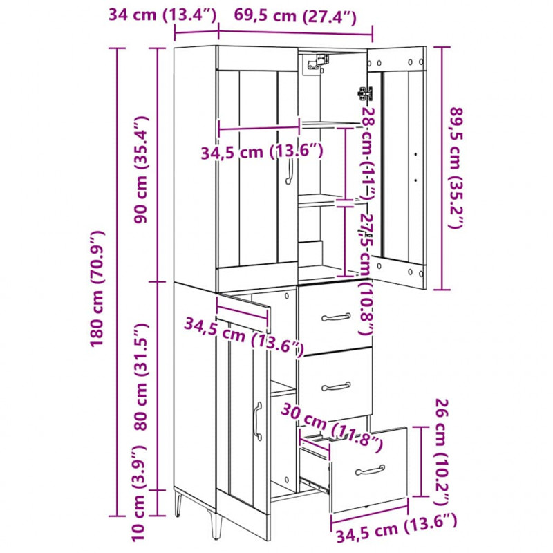 Highboard z szufladą Dąb rzemieślniczy 69,5 x 34 x 180 cm