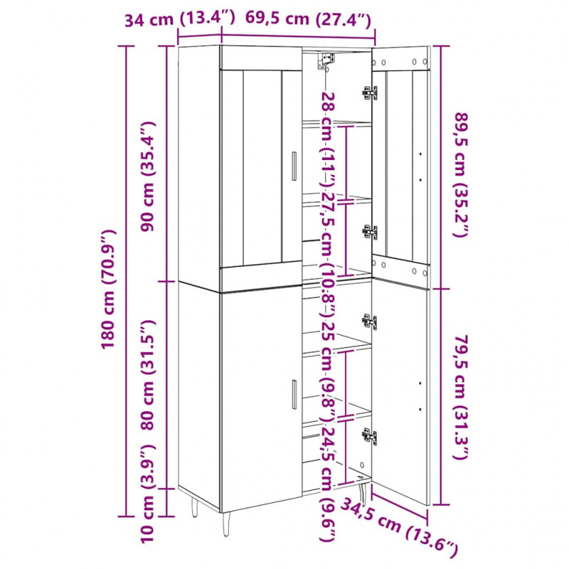 Highboard 2 pcs Dąb rzemieślniczy Drewno inżynieryjne i szkło