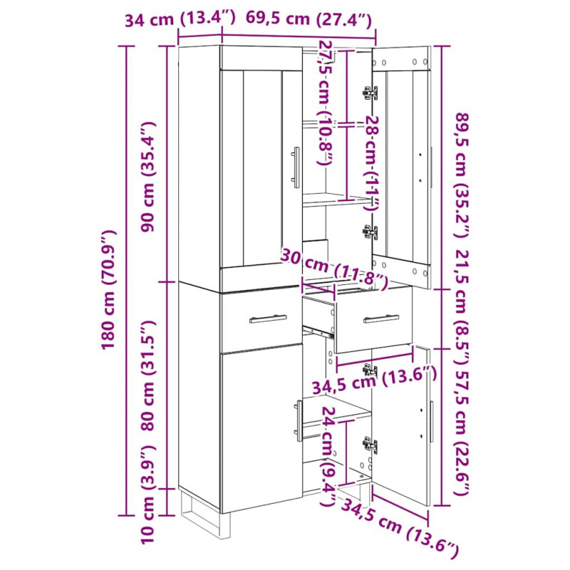 Highboard 2 pcs Dąb rzemieślniczy Drewno inżynieryjne i szkło