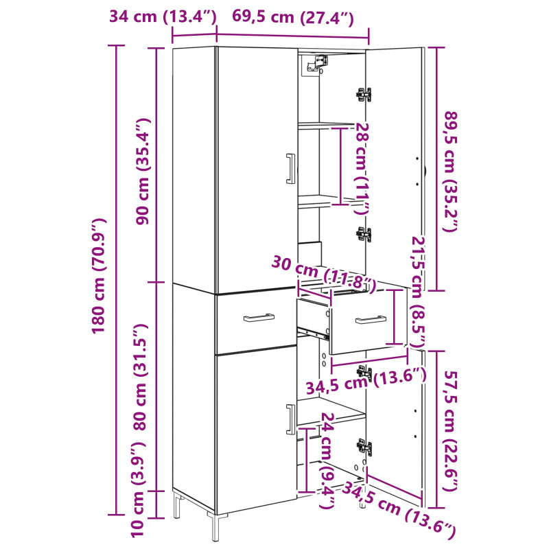 Highboard Czarny Dąb 69,5 x 34 x 180 cm Materiał drewnopochodny