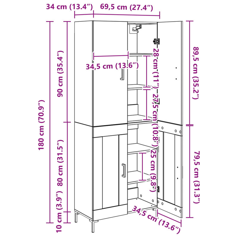 Highboard Dąb rzemieślniczy 69,5 x 34 x 180 cm