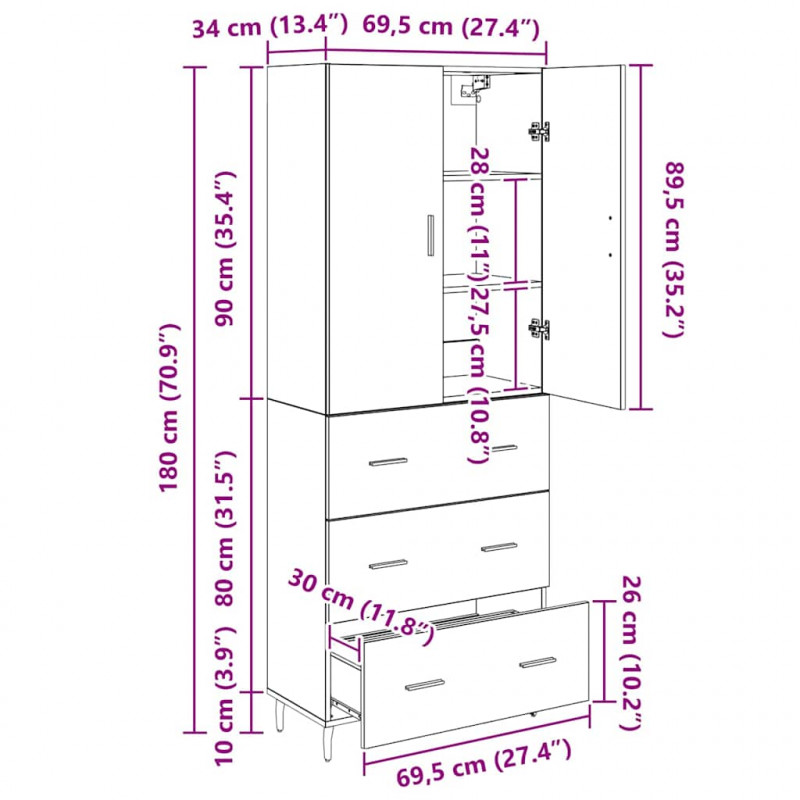 Highboard 2 pcs Dąb rzemieślniczy Drewno inżynieryjne i szkło