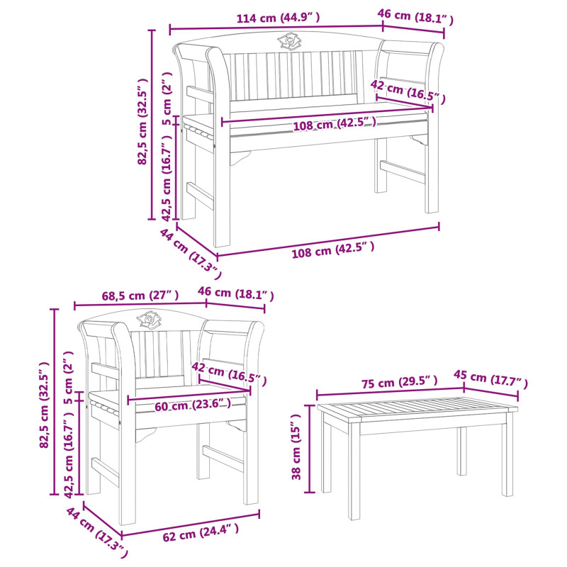 Zestaw lounge Róża ogrodowa z poduszką 4 pcs Lite Drewno Akacji