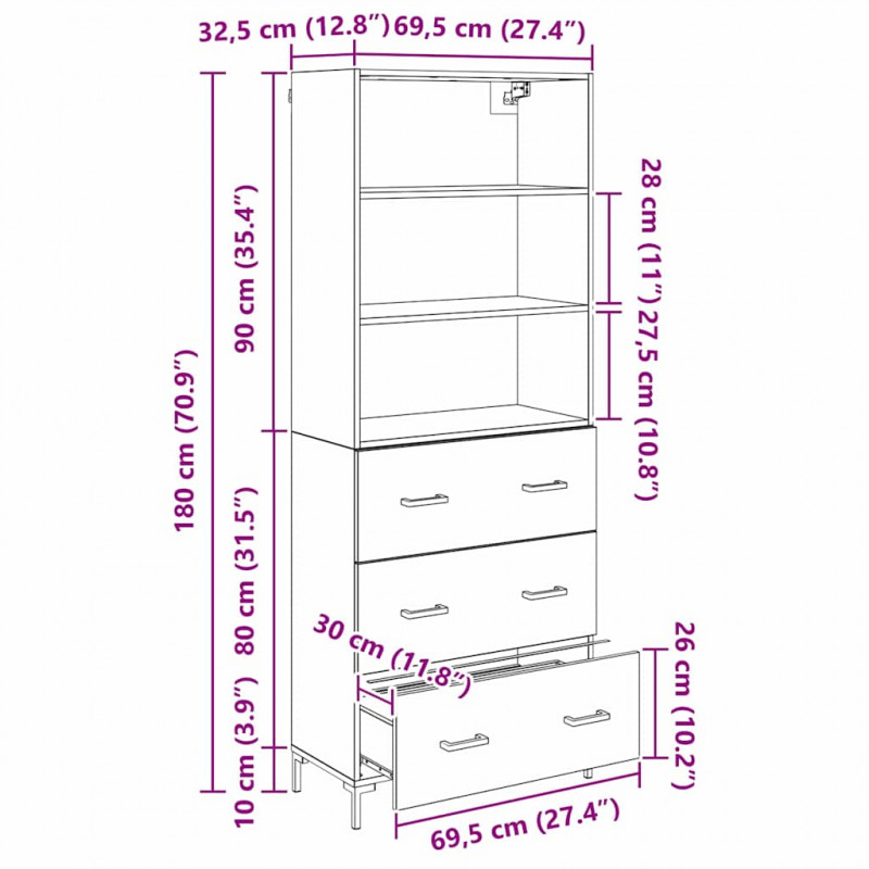 Highboard z szufladą Dąb rzemieślniczy 69,5 x 34 x 180 cm
