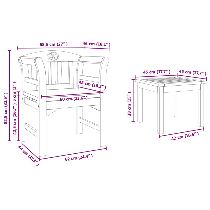 Zestaw lounge Róża ogrodowa z poduszką 3 pcs Lite Drewno Akacji