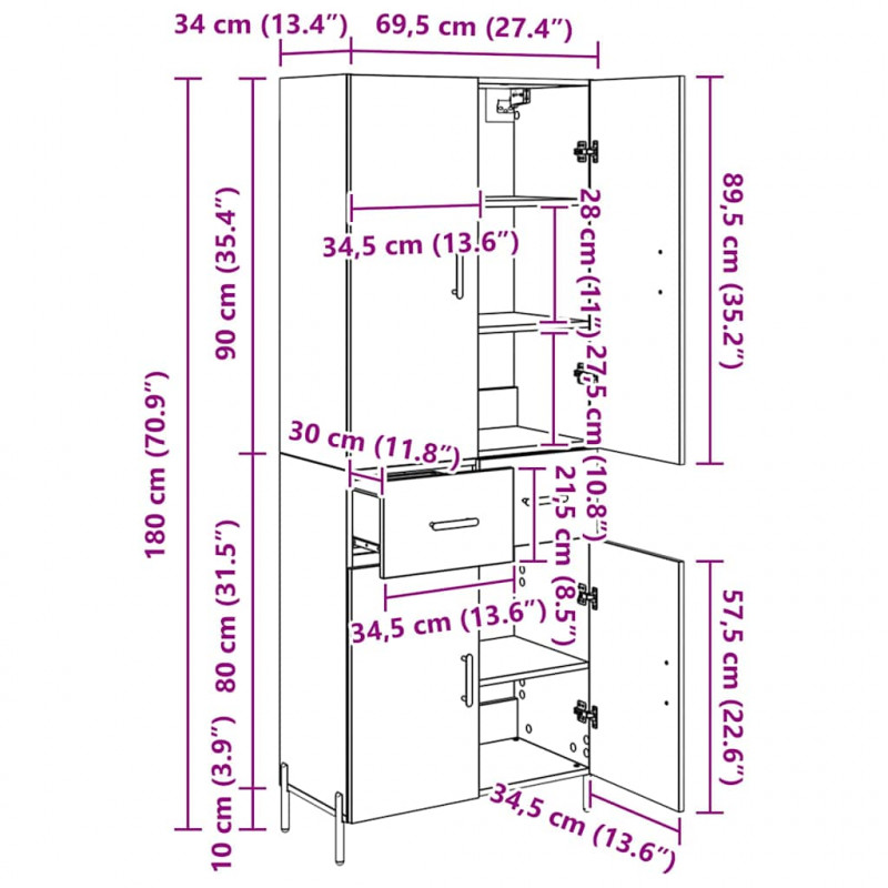 Highboard z szufladą Dąb rzemieślniczy 69,5 x 34 x 180 cm