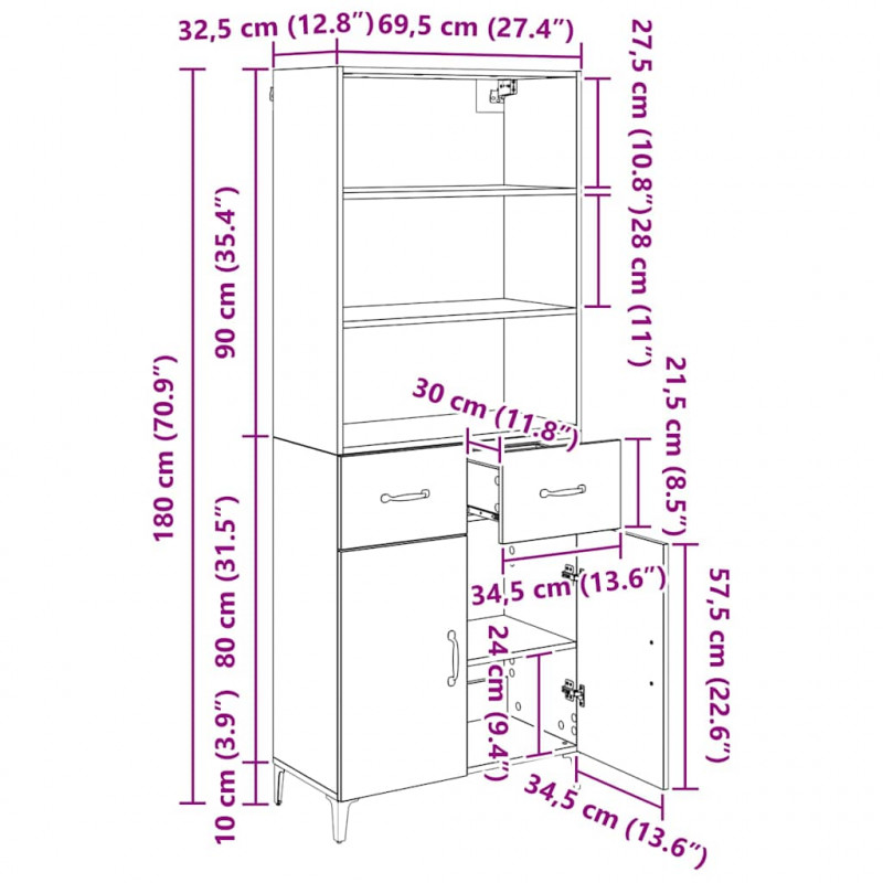 Highboard z szufladą Dąb rzemieślniczy 69,5 x 34 x 180 cm