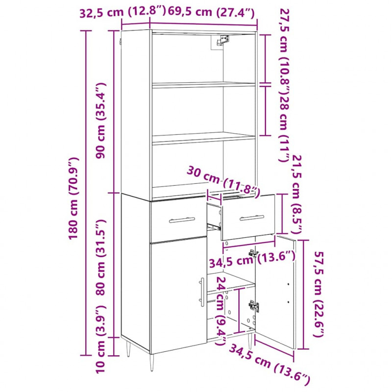 Highboard z szufladą Dąb rzemieślniczy 69,5 x 34 x 180 cm