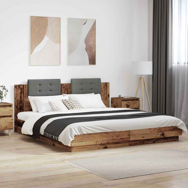 Rama łóżka z wezgłowiem Ze LED Lights Stare drewno 200 x 200 cm