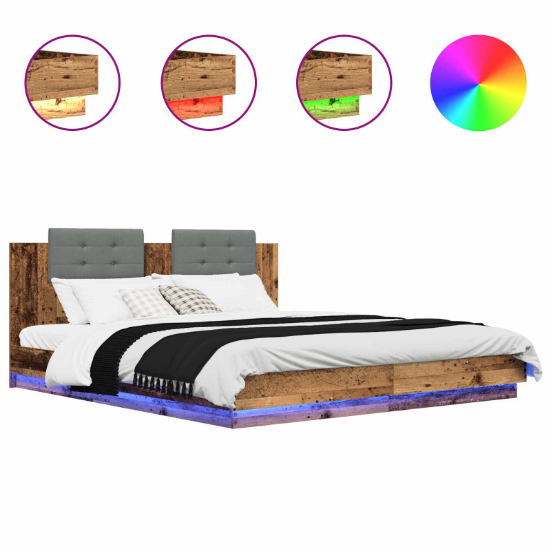 Rama łóżka z wezgłowiem Ze LED Lights Stare drewno 200 x 200 cm