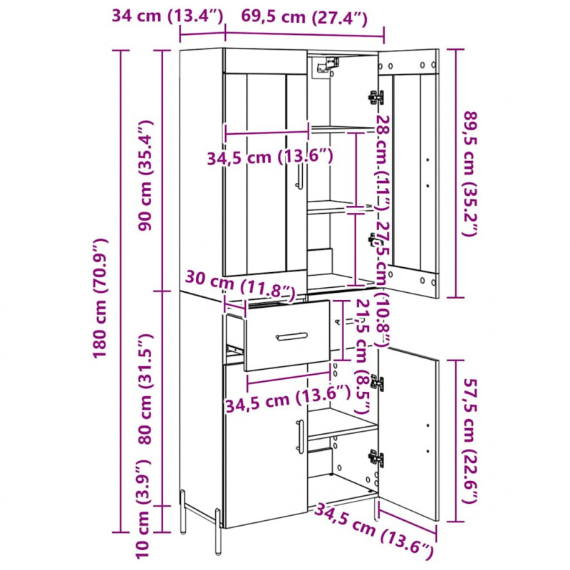 Highboard z szufladą Dąb rzemieślniczy 69,5 x 34 x 180 cm