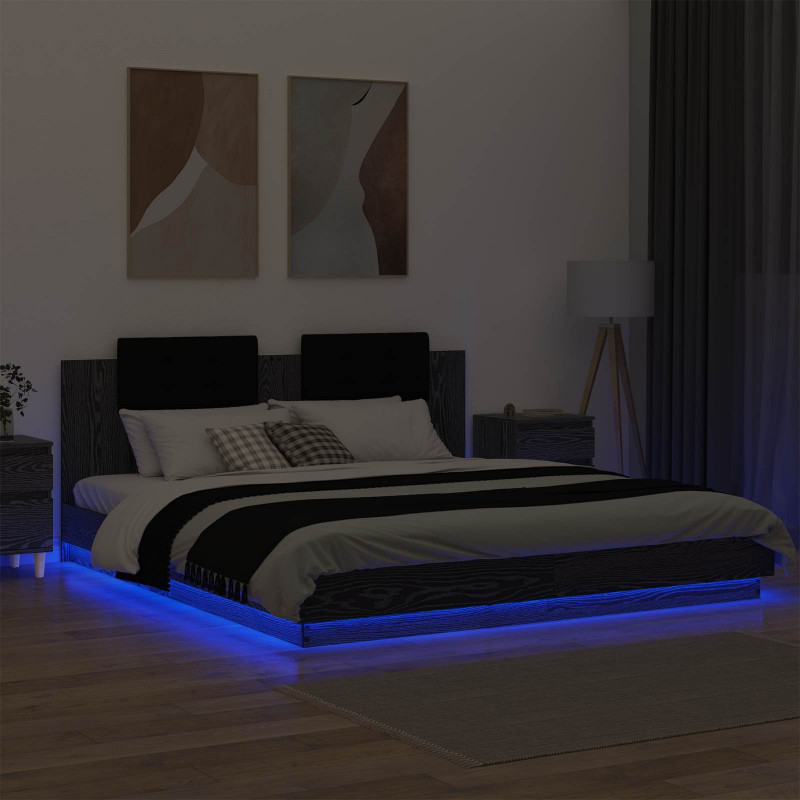 Rama łóżka z wezgłowiem Ze LED Lights Czarny Dąb 200 x 200 cm