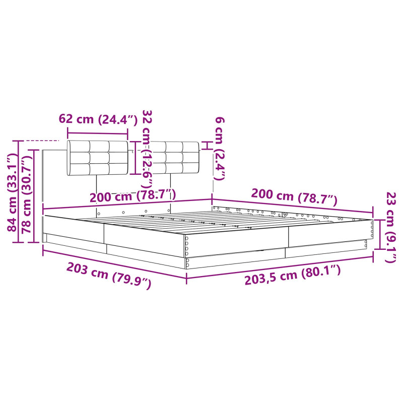 Rama łóżka z wezgłowiem Ze LED Lights Czarny Dąb 200 x 200 cm