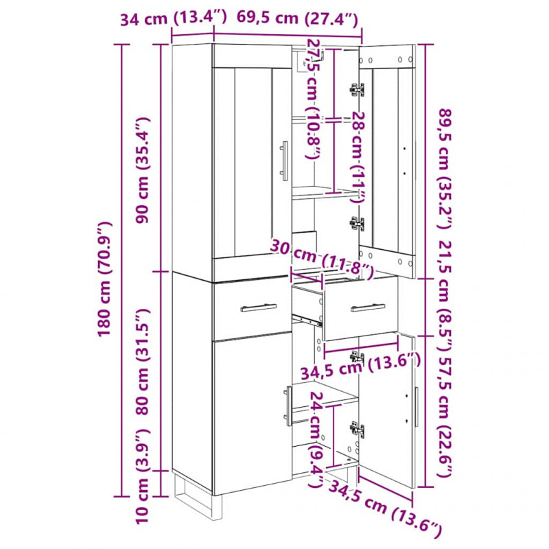 Highboard z szufladą Dąb rzemieślniczy 69,5 x 34 x 180 cm