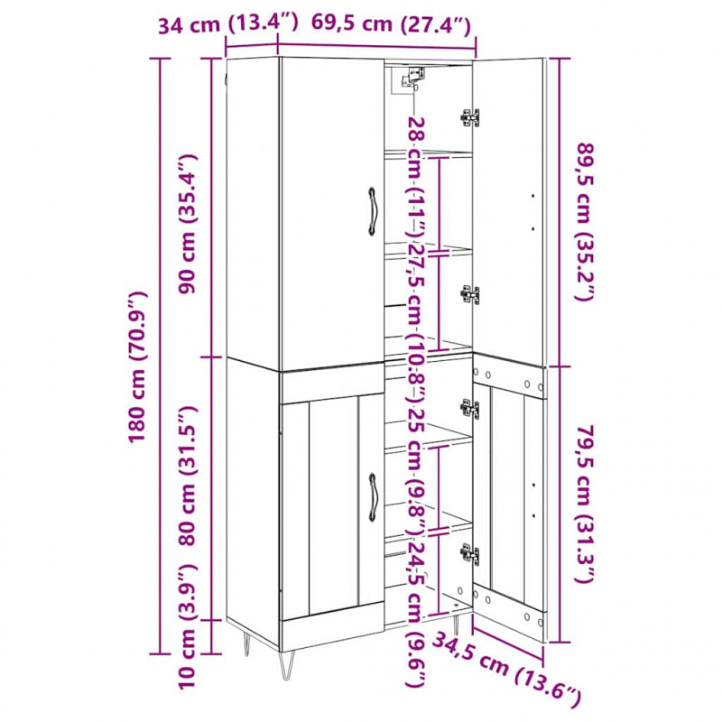Highboard 2 pcs Dąb rzemieślniczy Drewno inżynieryjne i szkło