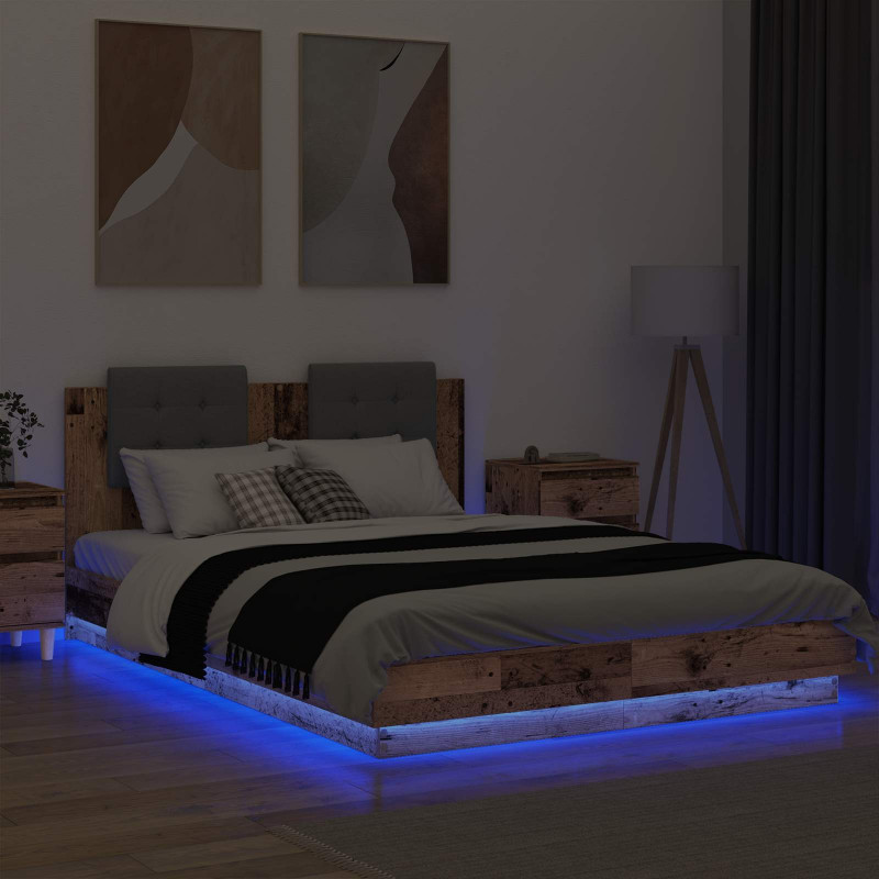 Rama łóżka z wezgłowiem Ze LED Lights Stare drewno 160 x 200 cm