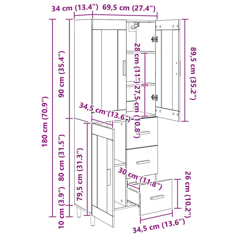 Highboard z szufladą Dąb rzemieślniczy 69,5 x 34 x 180 cm