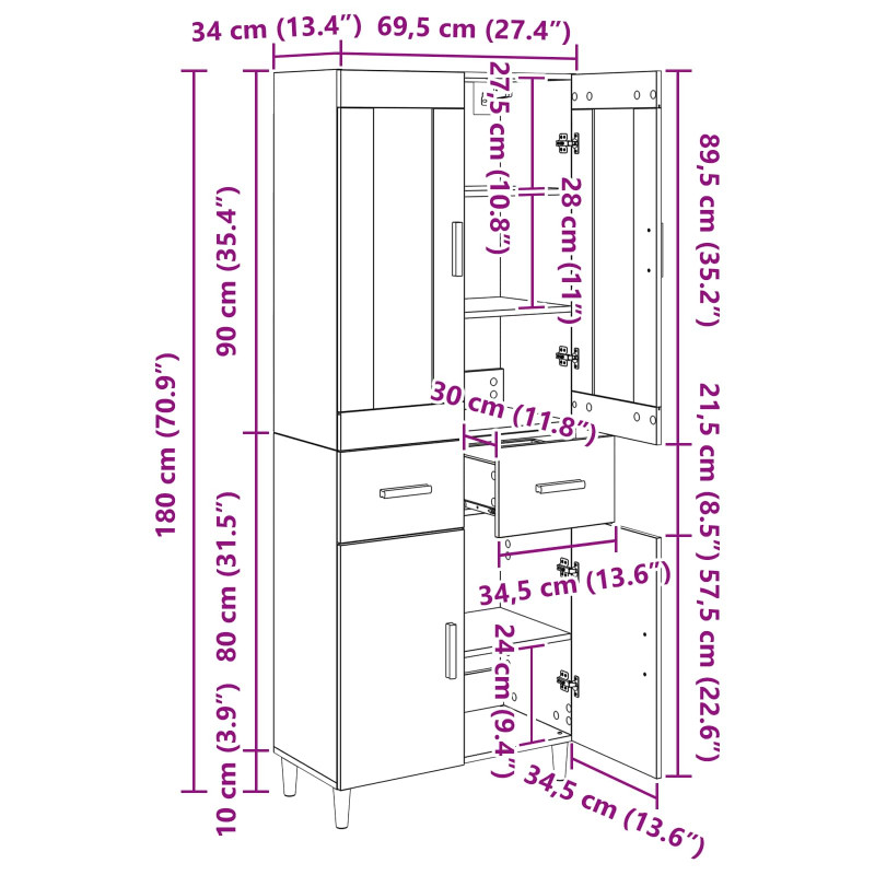 Highboard z szufladą Dąb rzemieślniczy 69,5 x 34 x 180 cm
