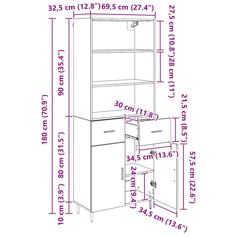 Highboard z szufladą Dąb rzemieślniczy 69,5 x 34 x 180 cm