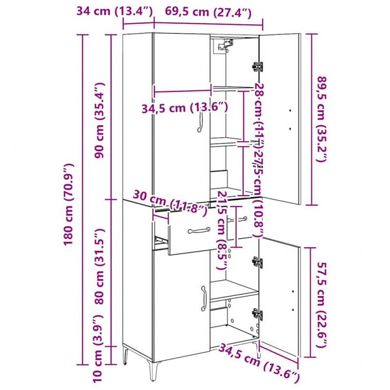 Highboard z szufladą Dąb rzemieślniczy 69,5 x 34 x 180 cm