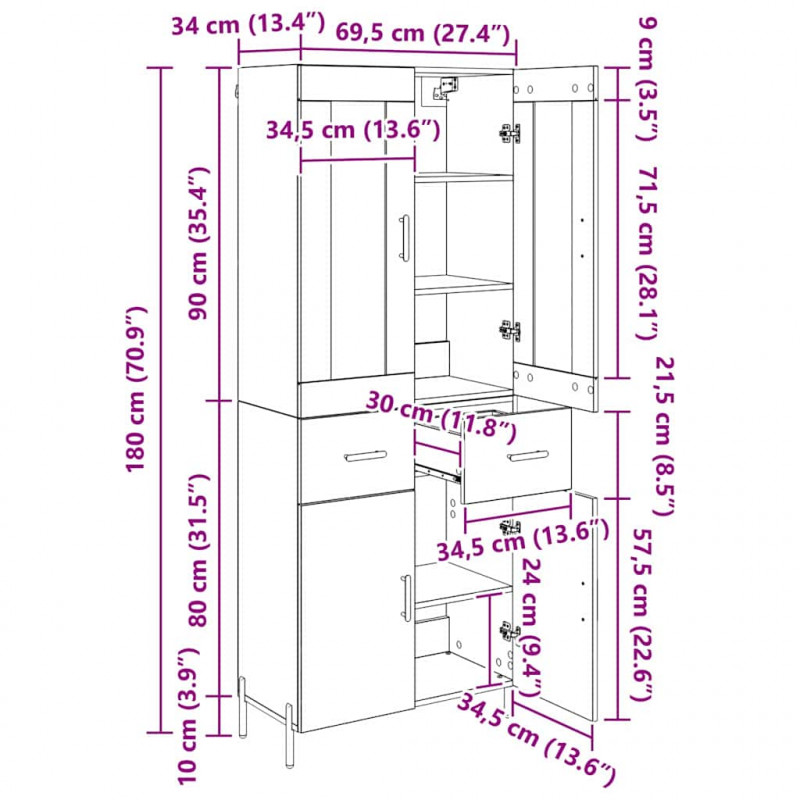 Highboard 2 pcs Dąb rzemieślniczy Materiał drewnopochodny