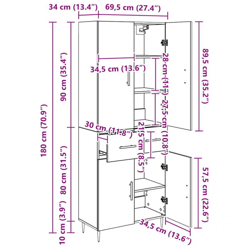 Highboard z szufladą Dąb rzemieślniczy 69,5 x 34 x 180 cm