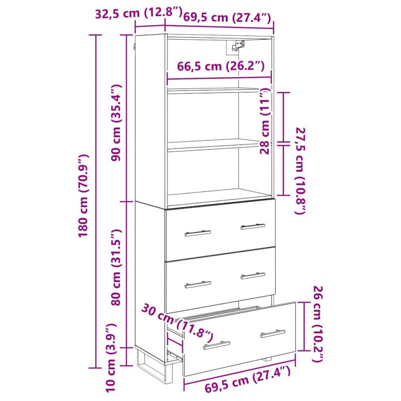 Highboard z szufladą Dąb rzemieślniczy 69,5 x 34 x 180 cm