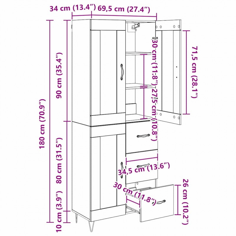 Highboard z szufladą Dąb rzemieślniczy 69,5 x 34 x 180 cm