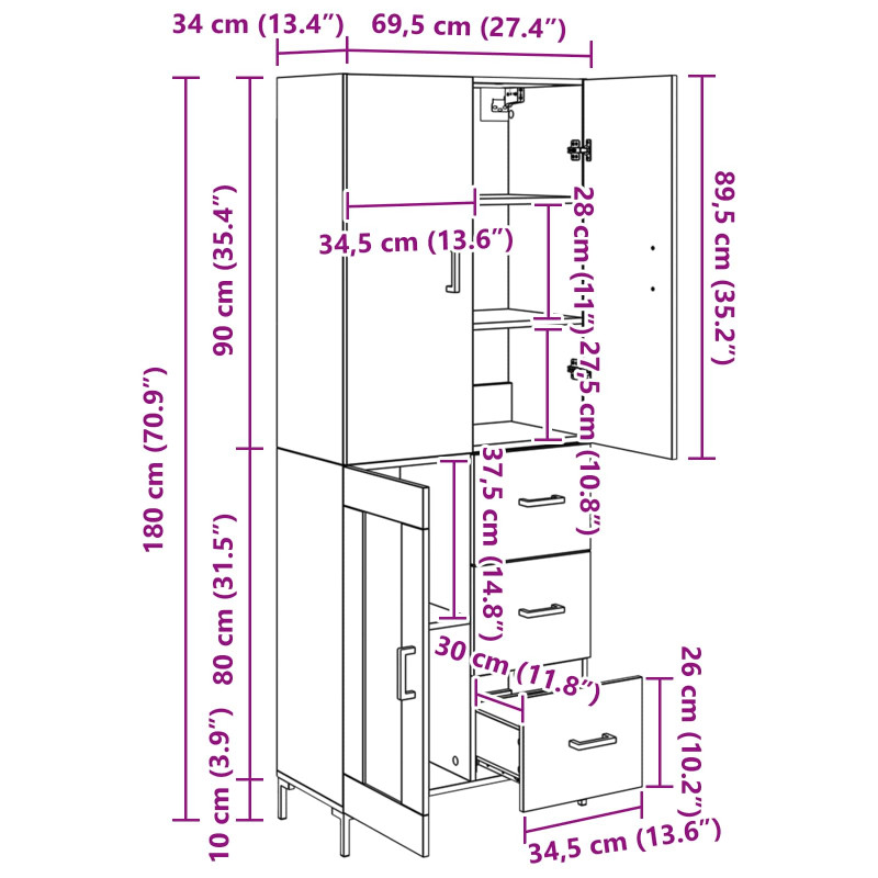 Highboard z szufladą Dąb rzemieślniczy 69,5 x 34 x 180 cm