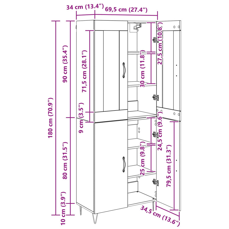 Highboard Dąb rzemieślniczy 69,5 x 34 x 180 cm