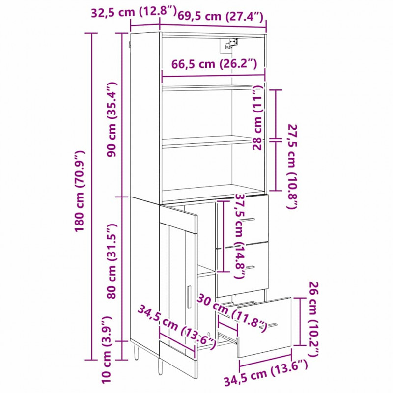 Highboard z szufladą Dąb rzemieślniczy 69,5 x 34 x 180 cm