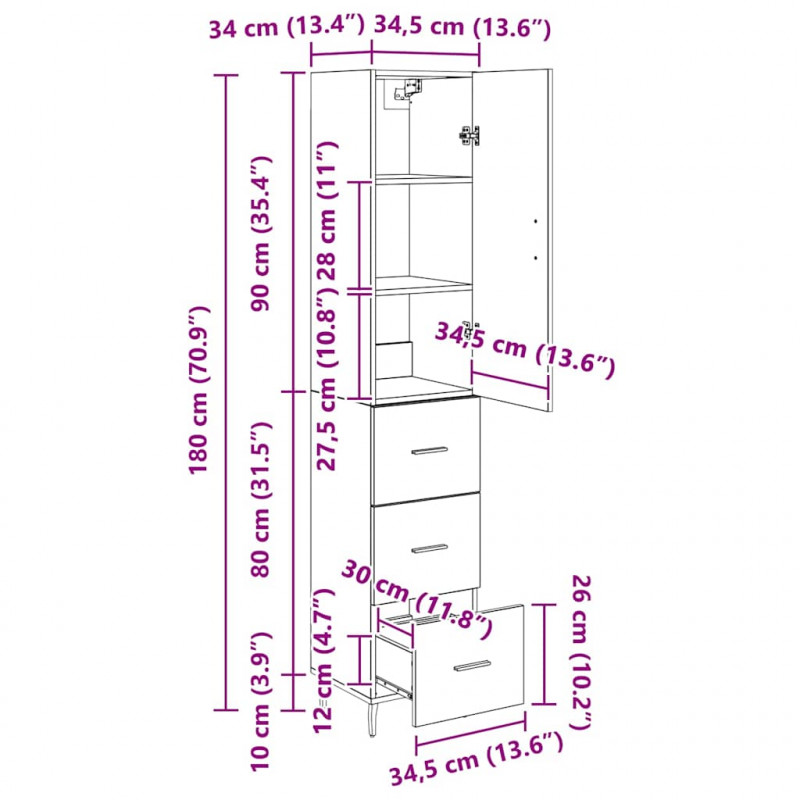 Highboard z szufladą Dąb rzemieślniczy 34,5 x 34 x 180 cm