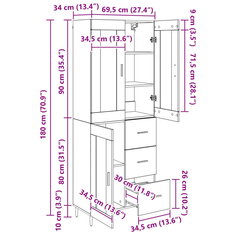 Highboard 2 pcs Dąb rzemieślniczy Materiał drewnopochodny