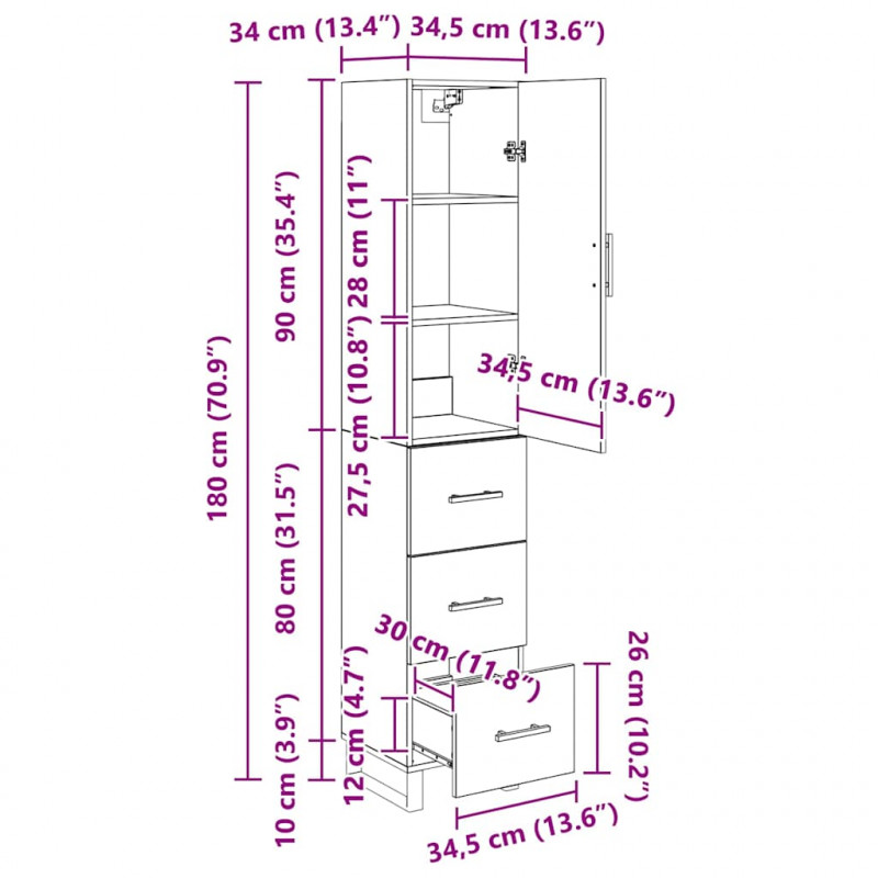 Highboard z szufladą Dąb rzemieślniczy 34,5 x 34 x 180 cm