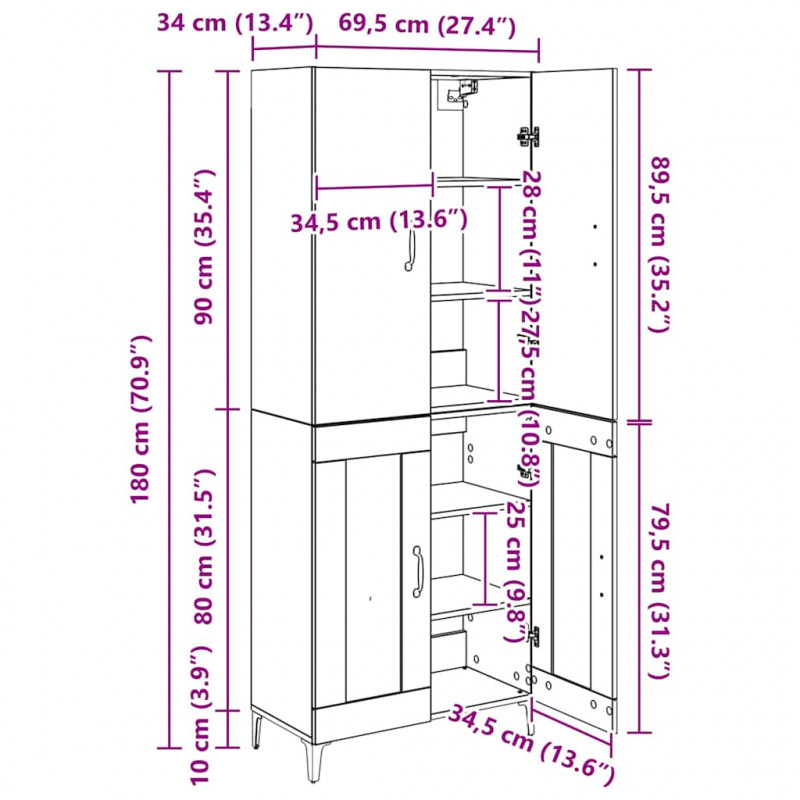 Highboard Dąb rzemieślniczy 69,5 x 34 x 180 cm